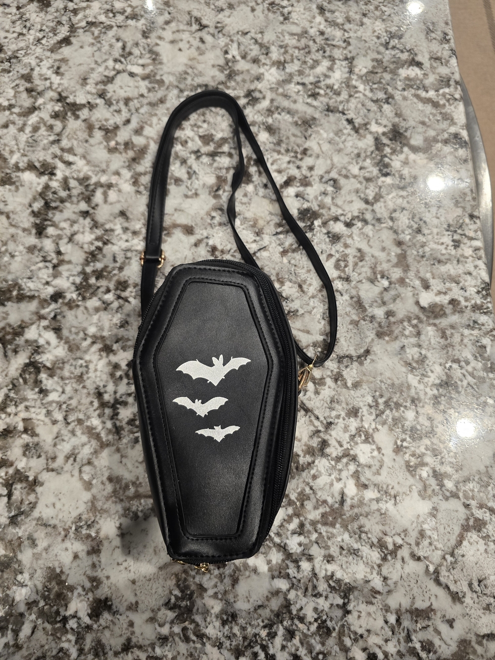 Black Coffin Crossbody Bag with White Bat Design